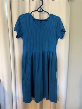 Amazon Blue V-Neck Short Sleeve A-Line Mini Dress